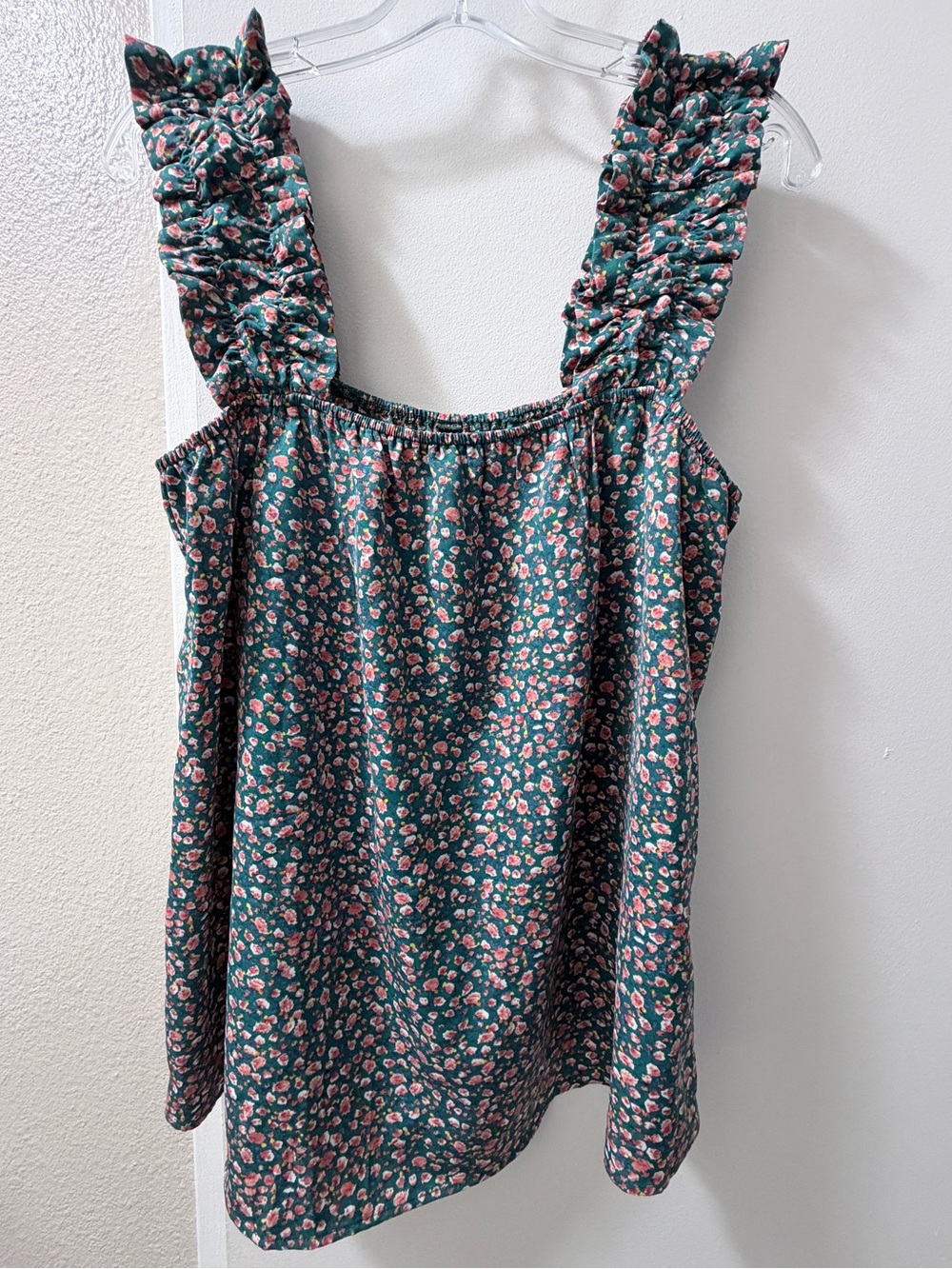 Floral Ruffle Strap Tank Top - Green Pink